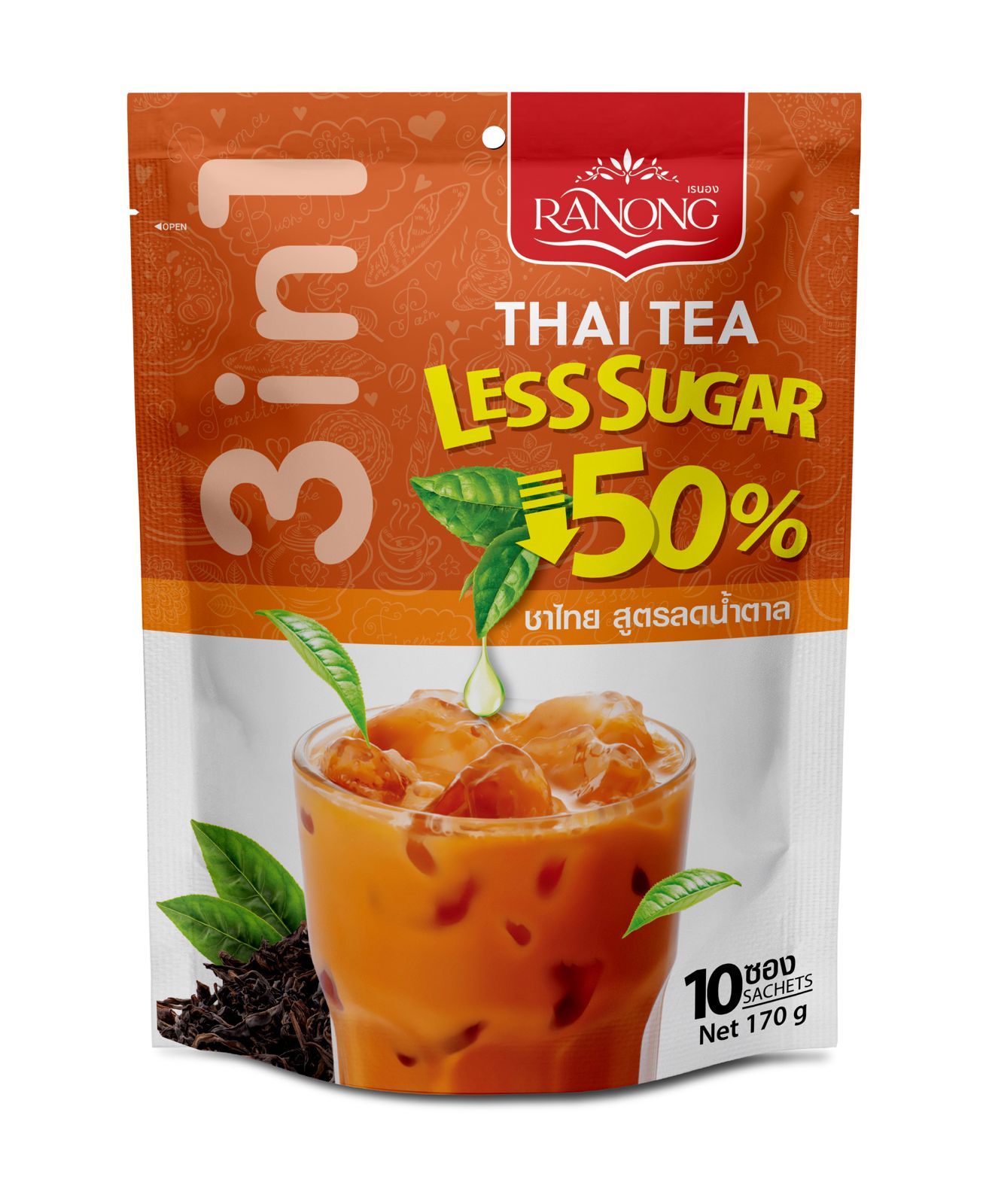 Ranong Tea  Thai Tea Mix 50% Less Sugar 170g